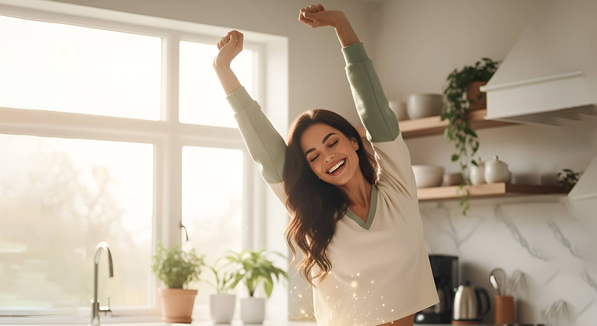 A gorgeous, energetic woman joyfully stretches in a sunlit kitchen, with iron supplements on the counter, illustrating how they can boost energy in non-anemic women.