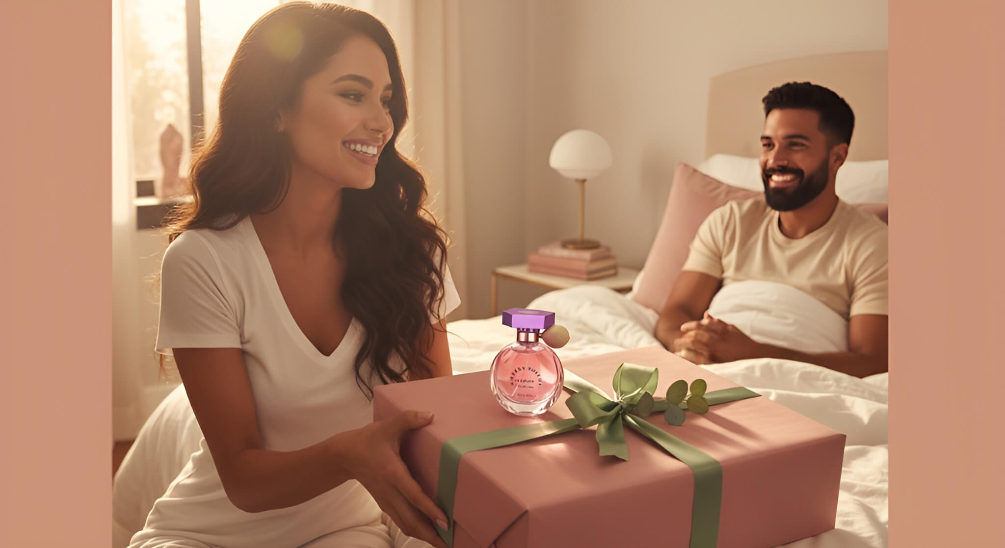 A gorgeous woman smiling as she presents a beautifully wrapped gift box with a celebrity fragrance (like Ariana Grande's) to a happy man in bed, addressing if such perfumes make good gifts.