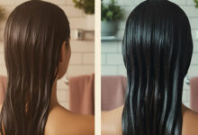 A gorgeous woman in a stylish shower lets a final cold water rinse run through her long, shiny hair, illustrating the method to seal the hair cuticle and create shine.