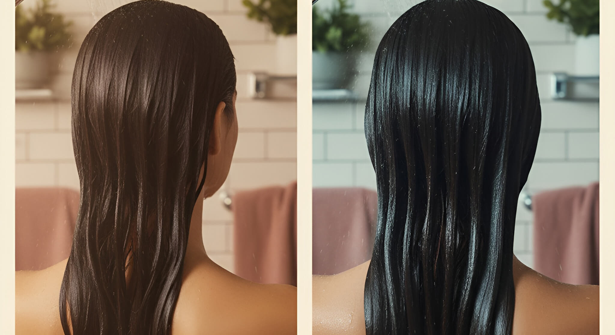 A gorgeous woman in a stylish shower lets a final cold water rinse run through her long, shiny hair, illustrating the method to seal the hair cuticle and create shine.