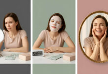 Visual case study: A woman concerned about wrinkles, then applying a collagen sheet mask, and finally smiling joyfully at her refreshed reflection, demonstrating the mask's positive effects.