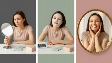 Visual case study: A woman concerned about wrinkles, then applying a collagen sheet mask, and finally smiling joyfully at her refreshed reflection, demonstrating the mask's positive effects.