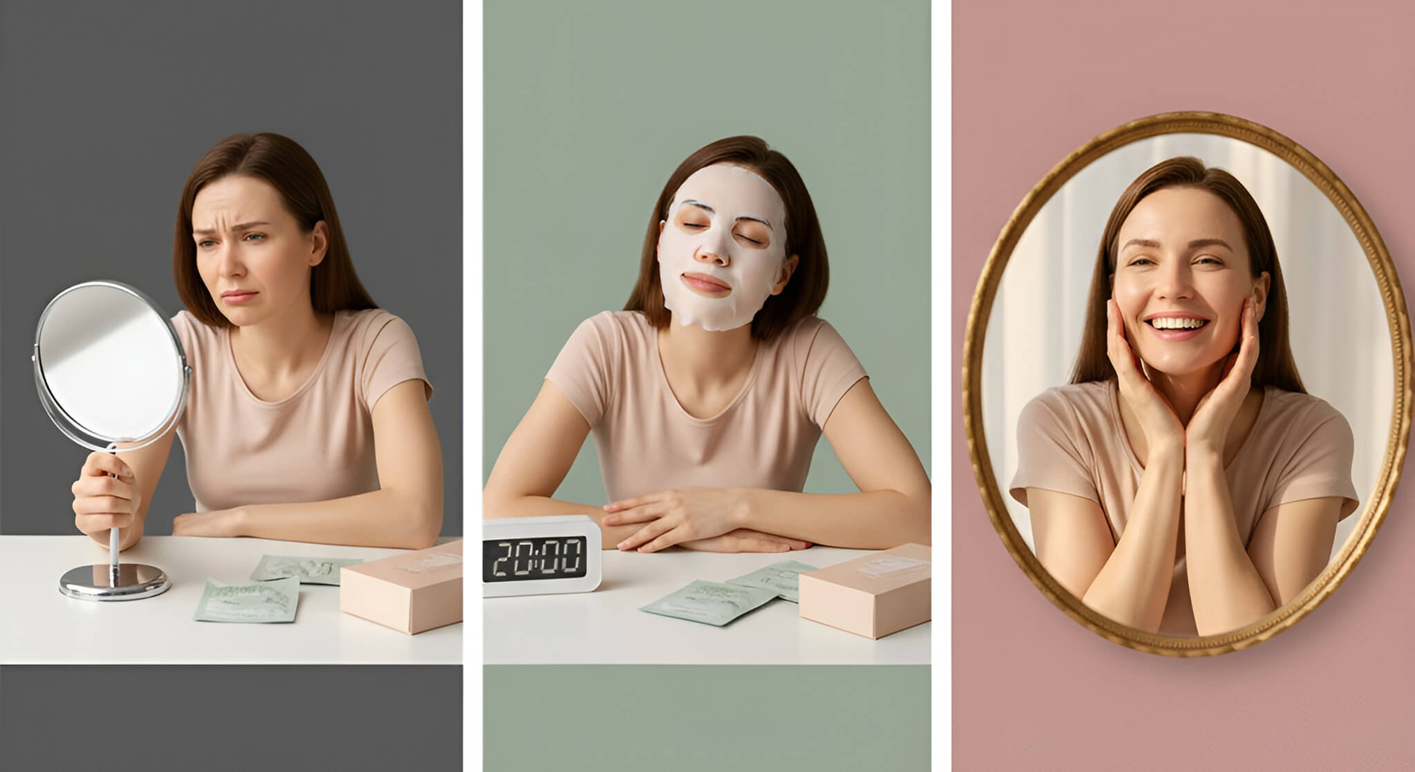 Visual case study: A woman concerned about wrinkles, then applying a collagen sheet mask, and finally smiling joyfully at her refreshed reflection, demonstrating the mask's positive effects.