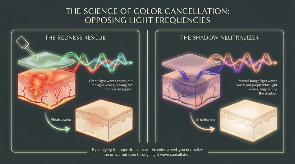 Scientific diagram illustrating the physics of color cancellation for redness and dark circles using green and peach correctors.