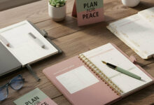 A variety of open planners, including a pink spiral-bound one, and a "PLAN FOR PEACE" card, are neatly arranged on a wooden desk, comparing different planners for organization and stress reduction.