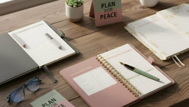 A variety of open planners, including a pink spiral-bound one, and a "PLAN FOR PEACE" card, are neatly arranged on a wooden desk, comparing different planners for organization and stress reduction.