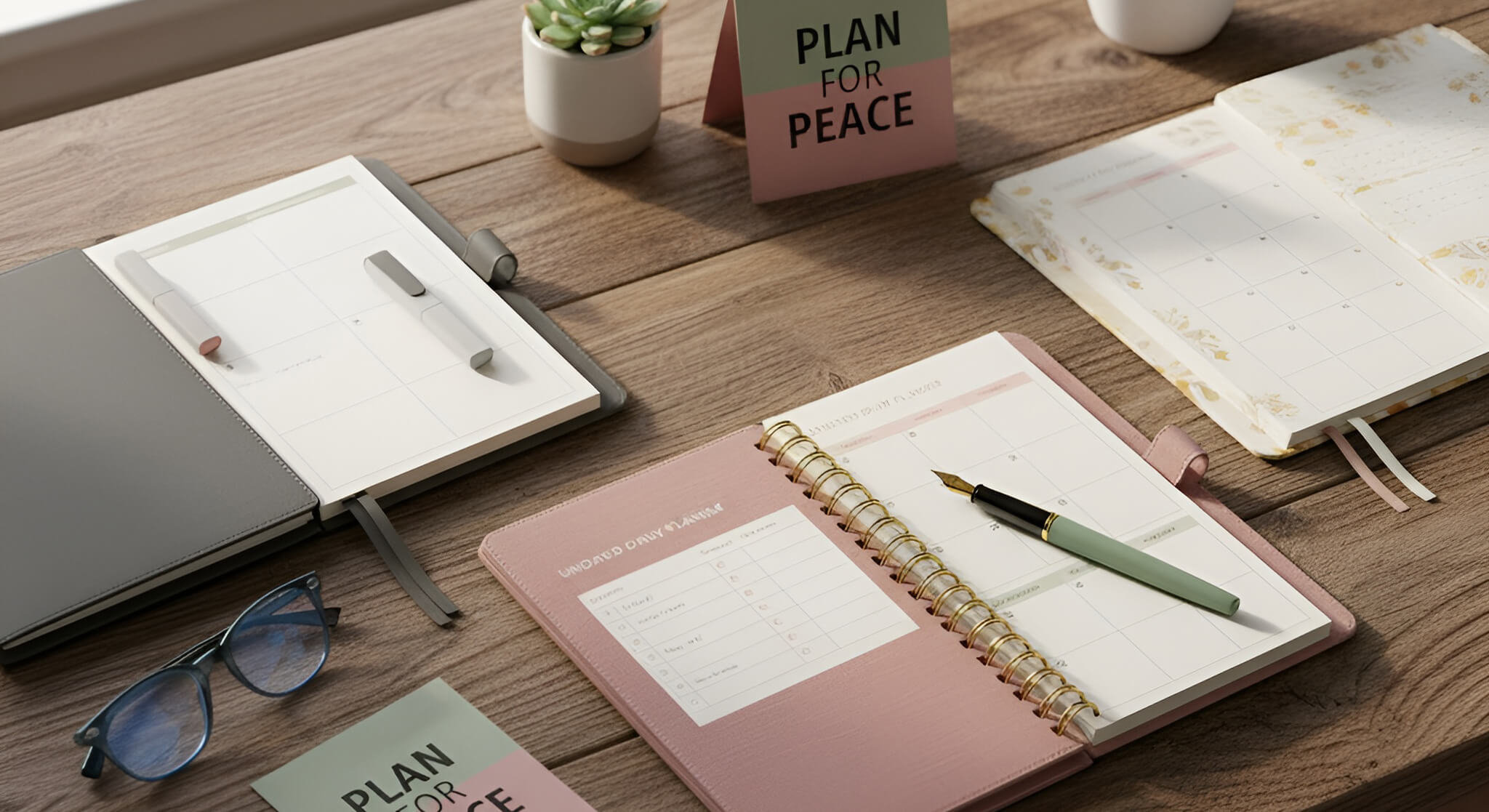 A variety of open planners, including a pink spiral-bound one, and a "PLAN FOR PEACE" card, are neatly arranged on a wooden desk, comparing different planners for organization and stress reduction.