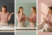 Visual story: A woman overwhelmed by perfume choices, then consulting happily with a fragrance specialist, and finally confidently applying her perfect scent, highlighting the benefits of expert guidance.