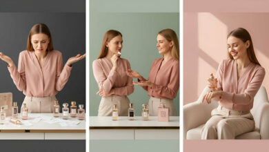 Visual story: A woman overwhelmed by perfume choices, then consulting happily with a fragrance specialist, and finally confidently applying her perfect scent, highlighting the benefits of expert guidance.