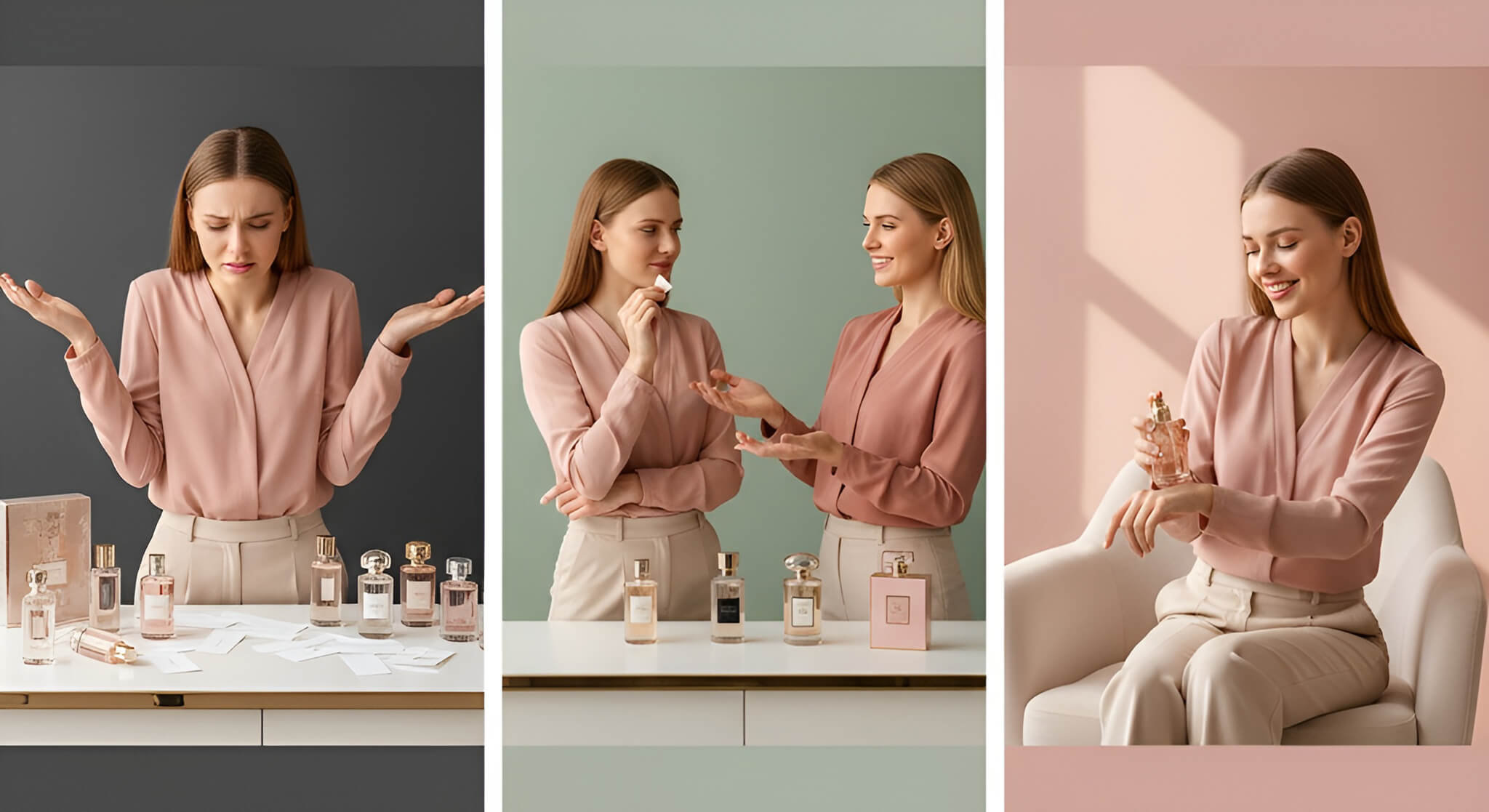 Visual story: A woman overwhelmed by perfume choices, then consulting happily with a fragrance specialist, and finally confidently applying her perfect scent, highlighting the benefits of expert guidance.
