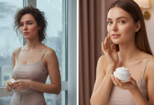 A split-screen image contrasts a gorgeous woman's stressed skin in harsh sun and cold wind with her applying a calming serum in a tranquil bathroom, illustrating a 5-minute fix for weather-related skin issues.