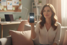 A gorgeous woman sitting on a sofa in a sunlit living room holds up a smartphone displaying "NO.", illustrating how Jessica cut her life's stress in half by learning to say "No".