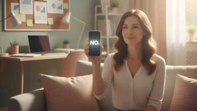 A gorgeous woman sitting on a sofa in a sunlit living room holds up a smartphone displaying "NO.", illustrating how Jessica cut her life's stress in half by learning to say "No".