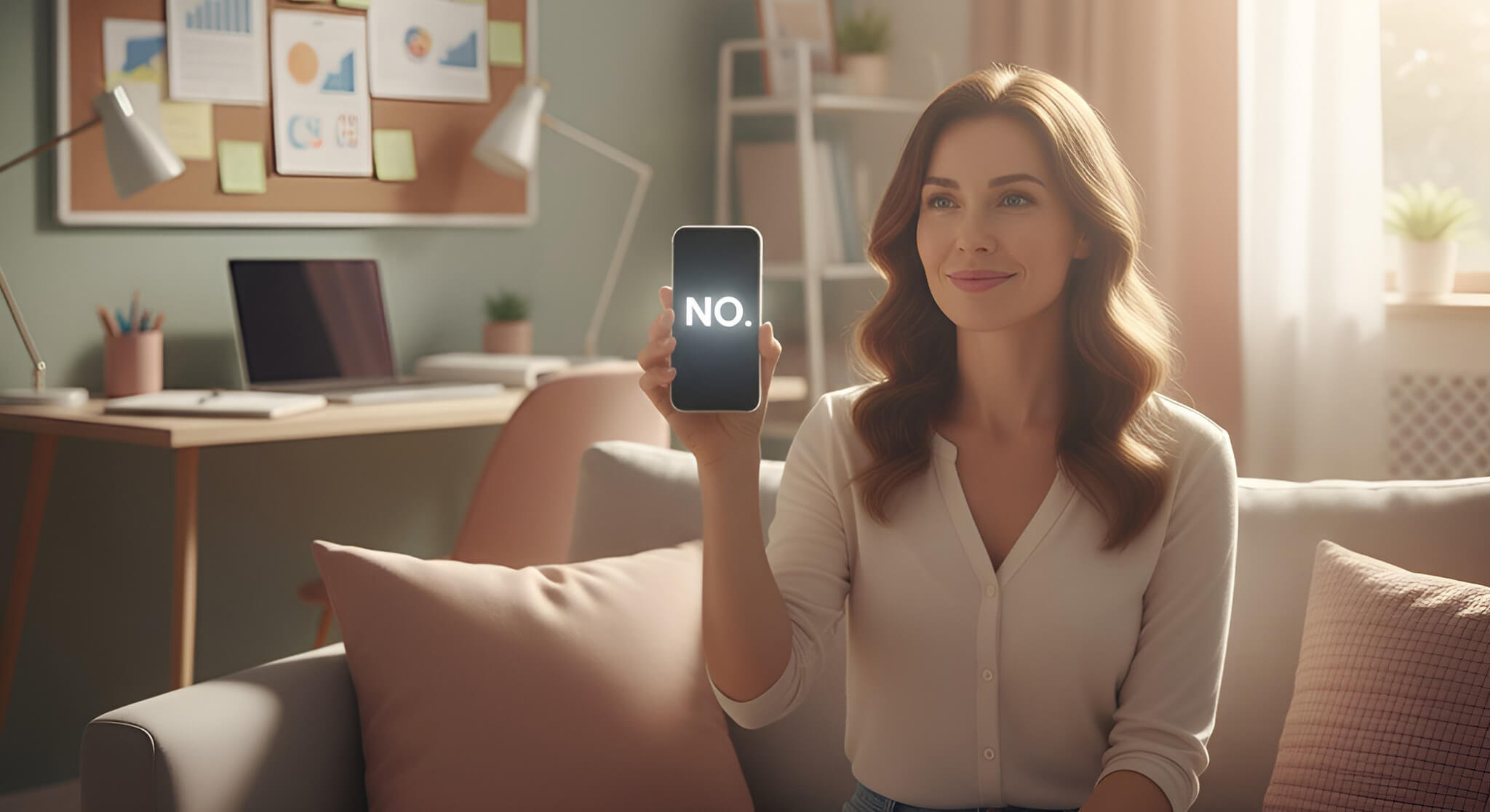 A gorgeous woman sitting on a sofa in a sunlit living room holds up a smartphone displaying "NO.", illustrating how Jessica cut her life's stress in half by learning to say "No".