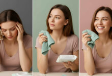 Visual comparison of makeup removal methods: A woman frustrated with disposable wipes' mess, thoughtfully considering a microfiber cloth, then happily using a microfiber cloth for clean and effective makeup removal.