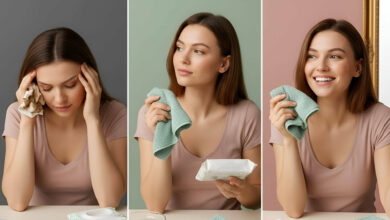 Visual comparison of makeup removal methods: A woman frustrated with disposable wipes' mess, thoughtfully considering a microfiber cloth, then happily using a microfiber cloth for clean and effective makeup removal.