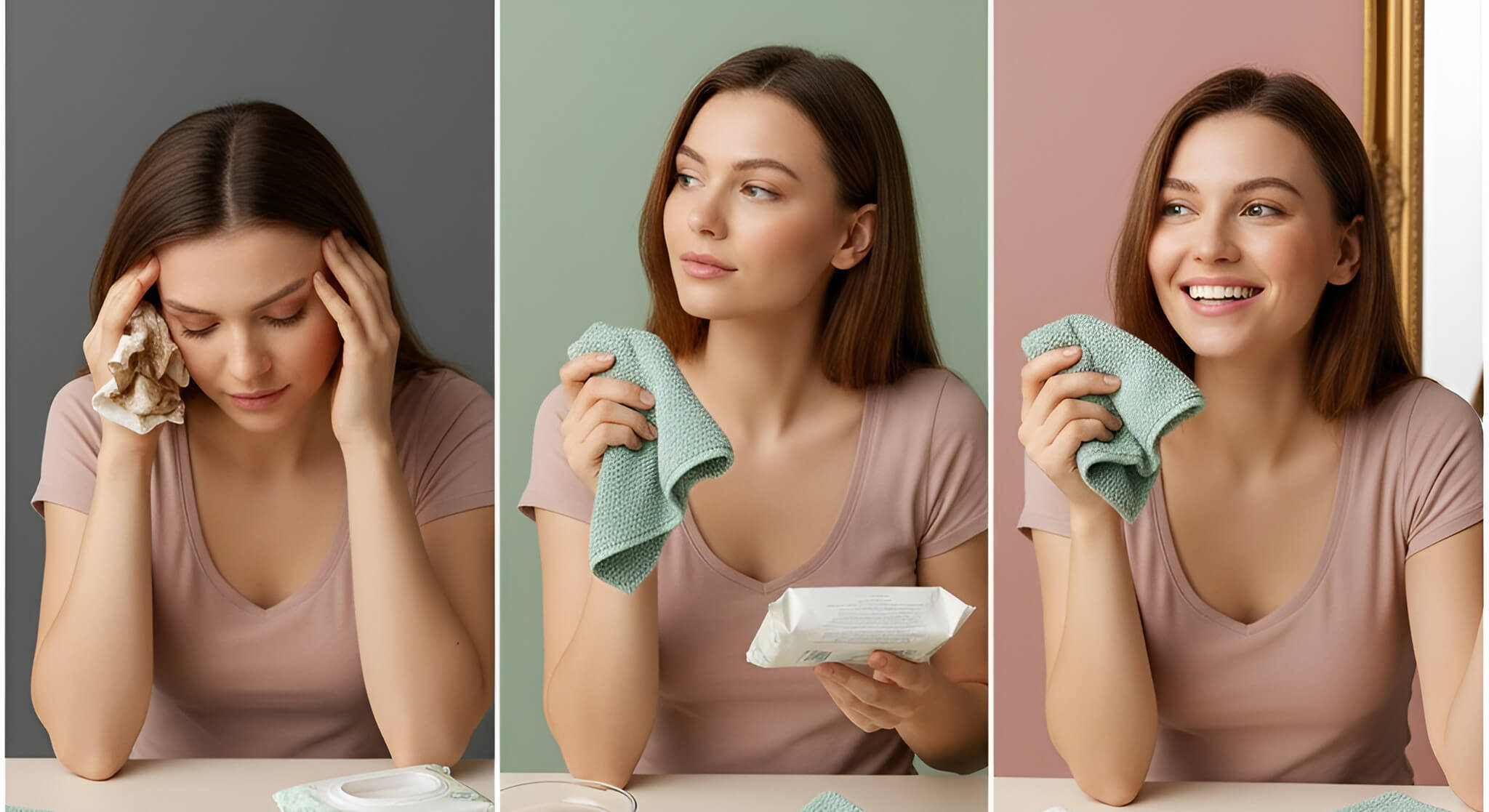 Visual comparison of makeup removal methods: A woman frustrated with disposable wipes' mess, thoughtfully considering a microfiber cloth, then happily using a microfiber cloth for clean and effective makeup removal.