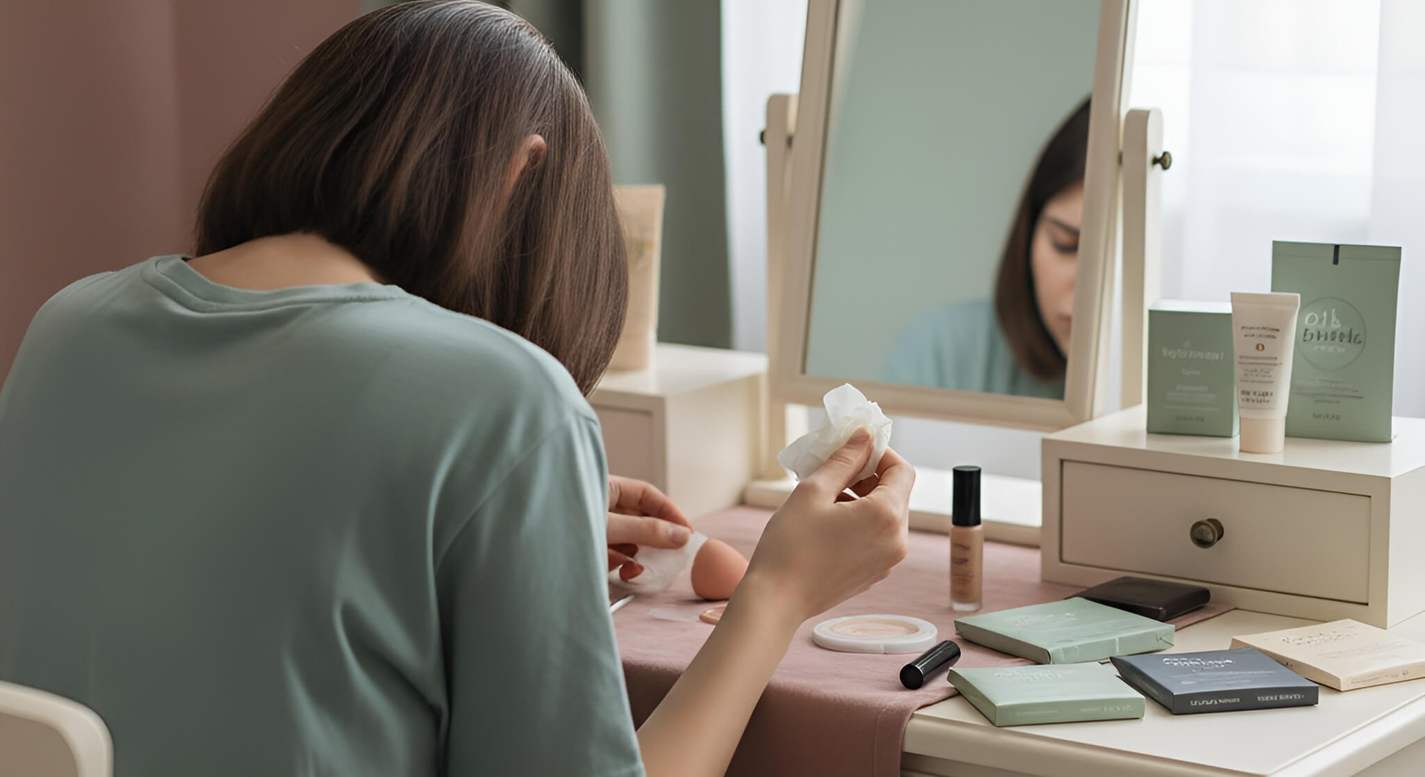 A woman at a vanity table looks down at an oil-blotting paper, reviewing its effect on her foundation base.
