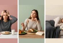 A visual story about tryptophan and sleep: A woman is frustrated by insomnia, then thoughtfully eating a turkey meal, and finally peacefully sleeping on a couch, suggesting the effects of tryptophan-rich foods.