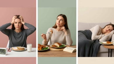 A visual story about tryptophan and sleep: A woman is frustrated by insomnia, then thoughtfully eating a turkey meal, and finally peacefully sleeping on a couch, suggesting the effects of tryptophan-rich foods.
