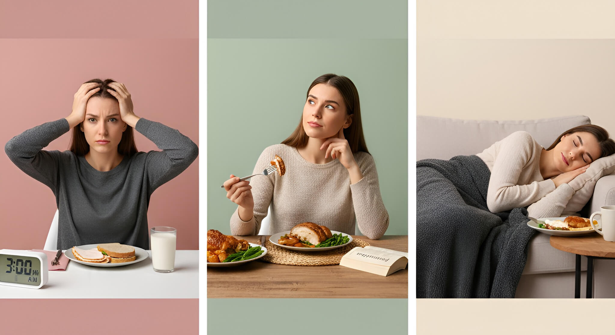 A visual story about tryptophan and sleep: A woman is frustrated by insomnia, then thoughtfully eating a turkey meal, and finally peacefully sleeping on a couch, suggesting the effects of tryptophan-rich foods.