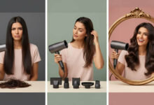 Visual review of the Dyson Supersonic hair dryer: A woman frustrated by flat hair, then thoughtfully using the Dyson dryer, and finally smiling joyfully with voluminous, styled hair, highlighting its effectiveness.