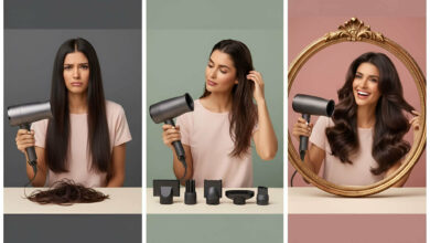 Visual review of the Dyson Supersonic hair dryer: A woman frustrated by flat hair, then thoughtfully using the Dyson dryer, and finally smiling joyfully with voluminous, styled hair, highlighting its effectiveness.