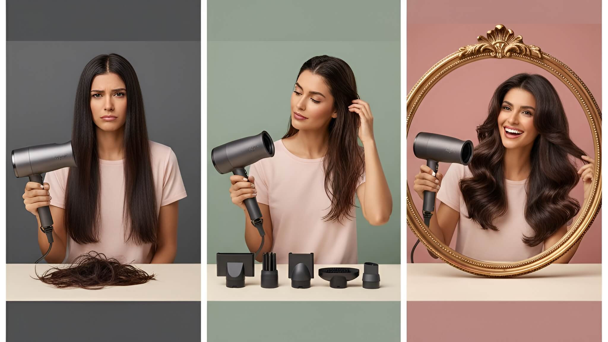 Visual review of the Dyson Supersonic hair dryer: A woman frustrated by flat hair, then thoughtfully using the Dyson dryer, and finally smiling joyfully with voluminous, styled hair, highlighting its effectiveness.