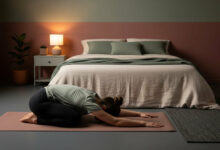 Woman in Child's Pose on a yoga mat in a bedroom with dusty rose and sage green walls, demonstrating evening yoga for calm and better sleep