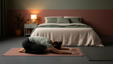 Woman in Child's Pose on a yoga mat in a bedroom with dusty rose and sage green walls, demonstrating evening yoga for calm and better sleep