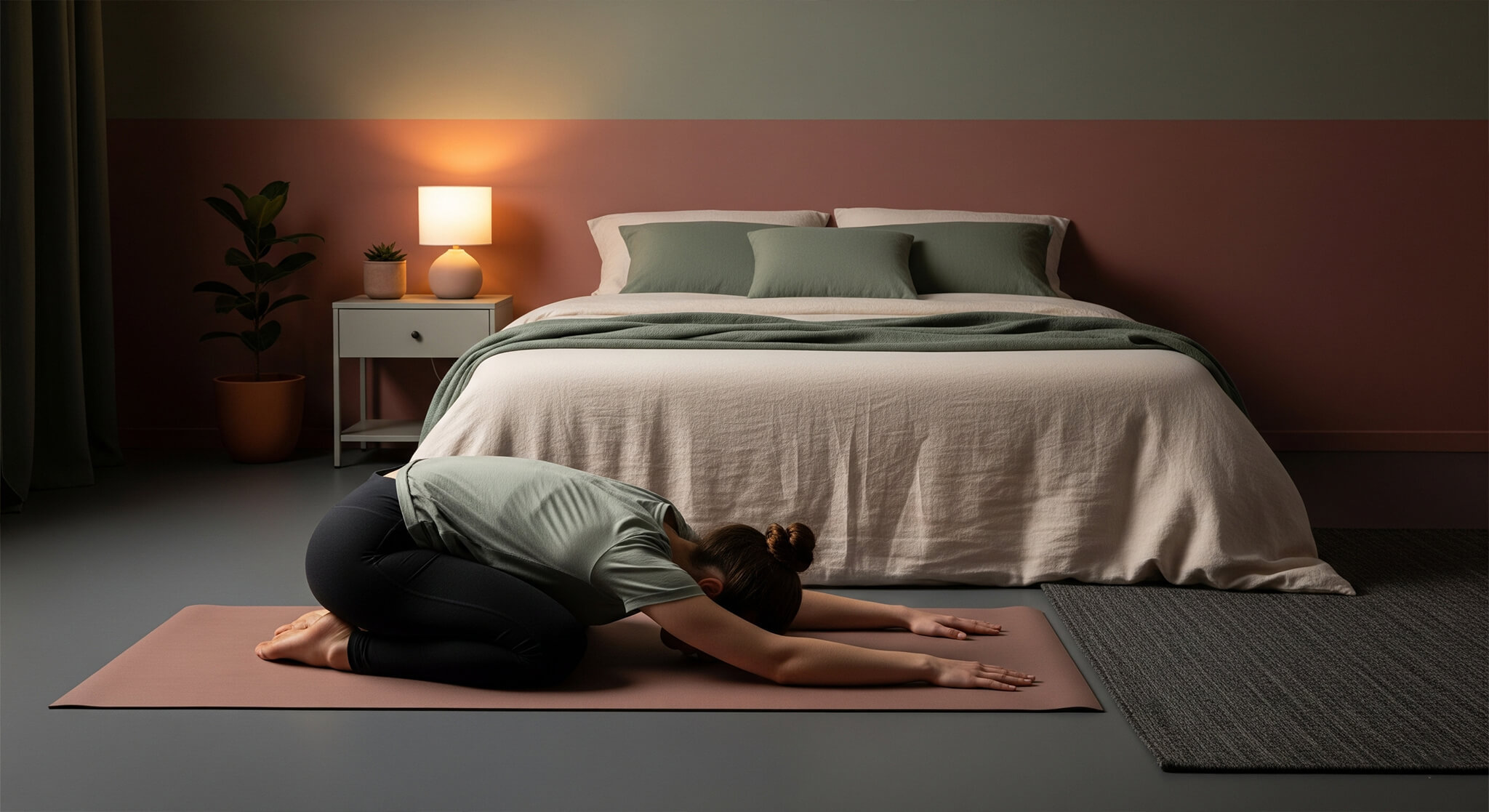 Woman in Child's Pose on a yoga mat in a bedroom with dusty rose and sage green walls, demonstrating evening yoga for calm and better sleep