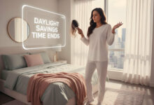 A gorgeous, realistic woman looks with concern at the extra hair in her brush in an ultra-wide shot of her bedroom, illustrating why the end of daylight savings time is the real culprit.