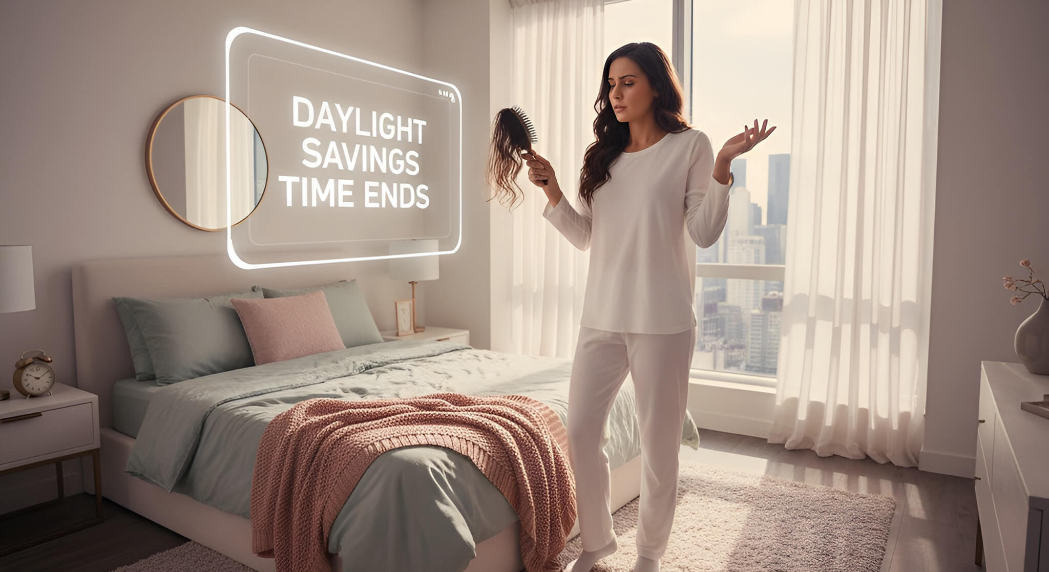 A gorgeous, realistic woman looks with concern at the extra hair in her brush in an ultra-wide shot of her bedroom, illustrating why the end of daylight savings time is the real culprit.
