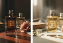 A split image compares two perfume bottles: one labeled "Extrait de Parfum" in softer lighting, and the other labeled "Intense EDP" with a visible spray mist, highlighting their concentration differences.