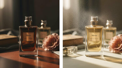 A split image compares two perfume bottles: one labeled "Extrait de Parfum" in softer lighting, and the other labeled "Intense EDP" with a visible spray mist, highlighting their concentration differences.