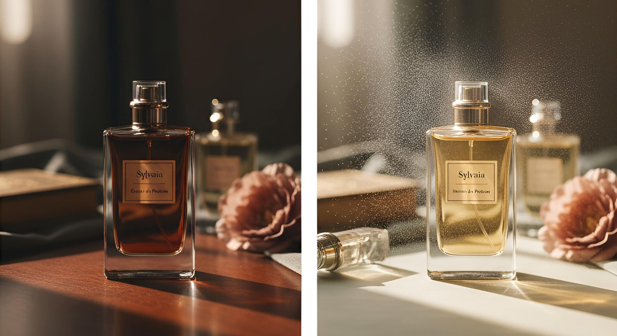 A split image compares two perfume bottles: one labeled "Extrait de Parfum" in softer lighting, and the other labeled "Intense EDP" with a visible spray mist, highlighting their concentration differences.
