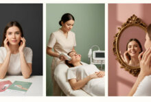 Visual comparison of Fractional Laser vs. HIFU: A woman contemplating skin tightening options, then receiving a professional treatment, and finally smiling at her firm, radiant reflection, showcasing effective results.