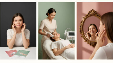 Visual comparison of Fractional Laser vs. HIFU: A woman contemplating skin tightening options, then receiving a professional treatment, and finally smiling at her firm, radiant reflection, showcasing effective results.