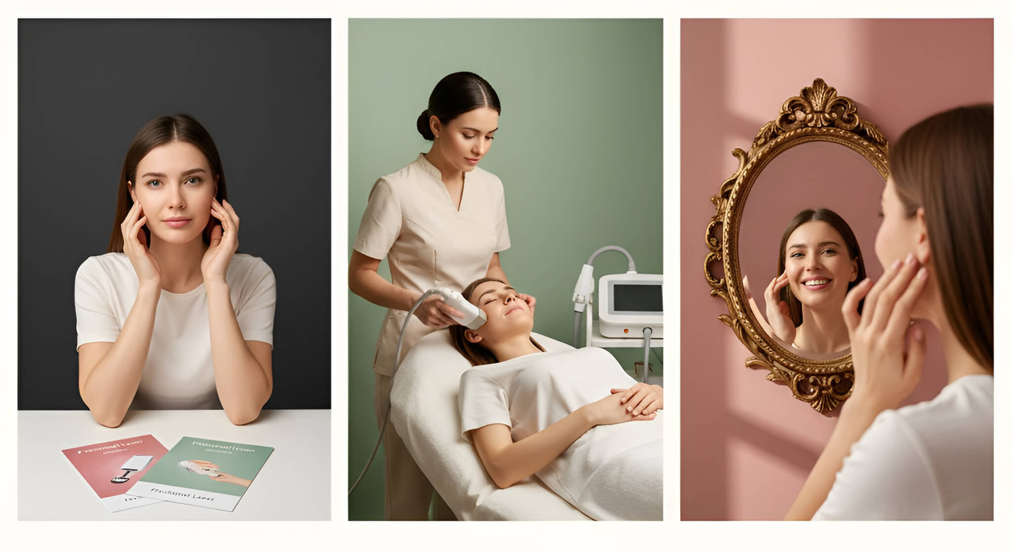 Visual comparison of Fractional Laser vs. HIFU: A woman contemplating skin tightening options, then receiving a professional treatment, and finally smiling at her firm, radiant reflection, showcasing effective results.