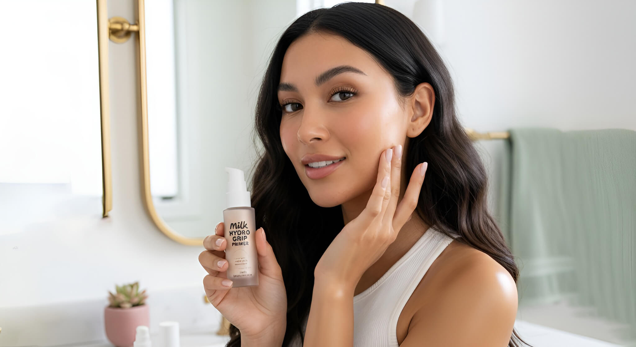 A gorgeous woman with flawless skin holds up Milk Makeup's Hydro Grip Primer in a bright bathroom, demonstrating its application and effectiveness.