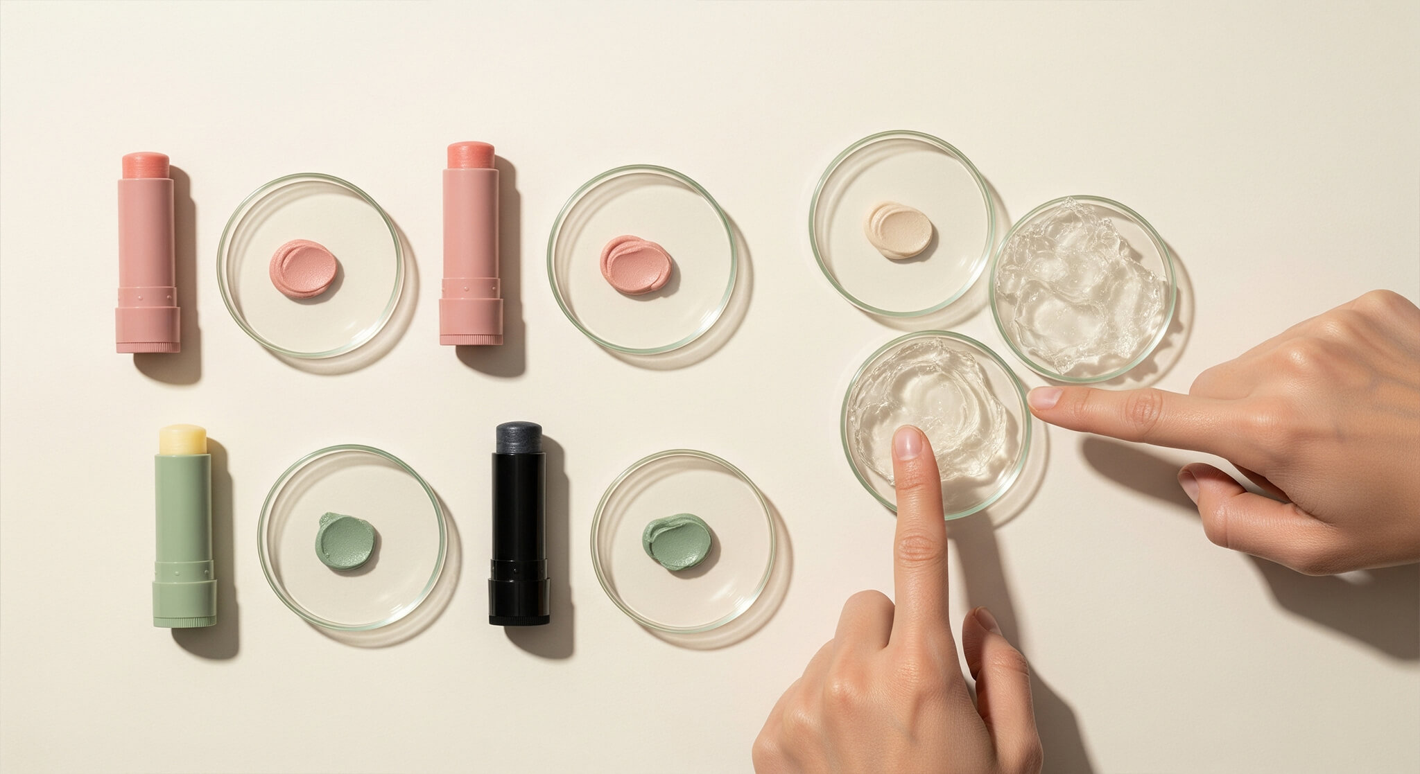 Hands testing lip balm ingredients: a flat lay of five lip balm tubes (dusty rose, sage green, charcoal) and corresponding swatches/petroleum jelly in petri dishes, for ingredient analysis and beauty product comparisons.