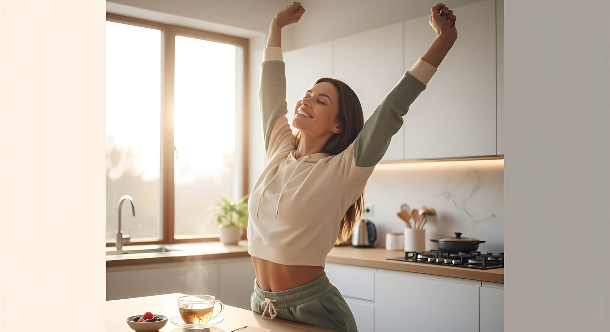 A gorgeous, energetic woman in a bright kitchen stretches with a happy smile, next to a cup of tea and a journal, illustrating increased energy levels from intermittent fasting.