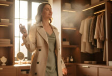 A woman in a stylish walk-in closet sprays perfume into the air and walks through it, illustrating the effectiveness of this method.
