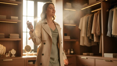 A woman in a stylish walk-in closet sprays perfume into the air and walks through it, illustrating the effectiveness of this method.