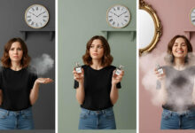 Visual comparison of perfume concentrations: A woman looks confused by EDP and EDT options, then thoughtfully compares the two scents, and finally smiles confidently with her chosen fragrance.
