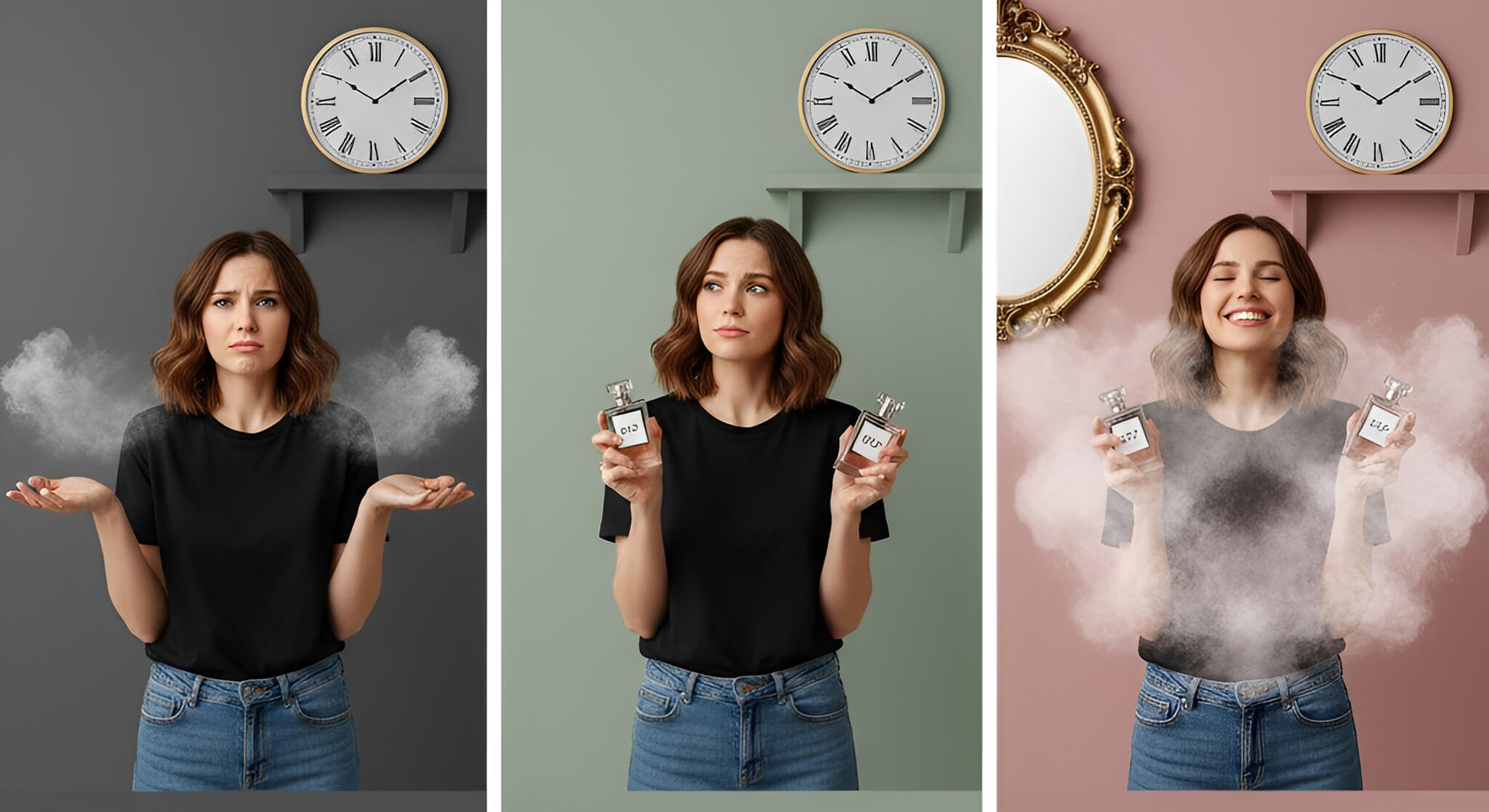 Visual comparison of perfume concentrations: A woman looks confused by EDP and EDT options, then thoughtfully compares the two scents, and finally smiles confidently with her chosen fragrance.