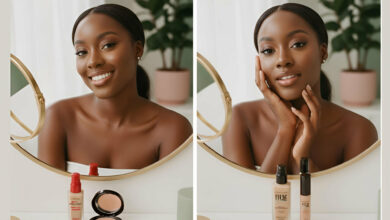 A side-by-side comparison of L'Oréal Infallible vs. Maybelline Fit Me drugstore foundations, with their bottles and swatches displayed on a clean vanity for review.