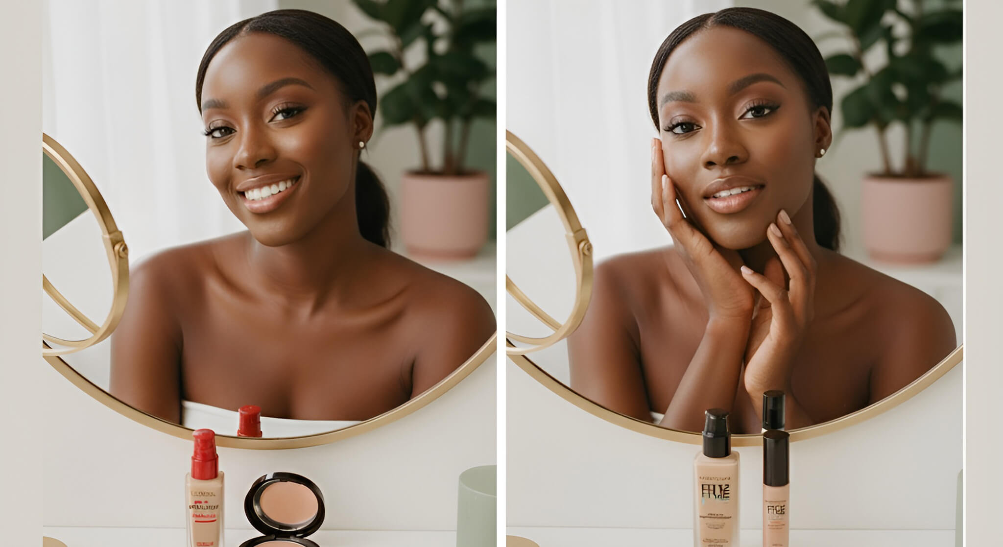 A side-by-side comparison of L'Oréal Infallible vs. Maybelline Fit Me drugstore foundations, with their bottles and swatches displayed on a clean vanity for review.
