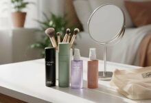 A vanity table displays popular hydrating setting sprays, including MAC Fix+ and Tatcha Luminous Dewy Skin Mist, alongside makeup brushes and a mirror, in a bright, inviting room.