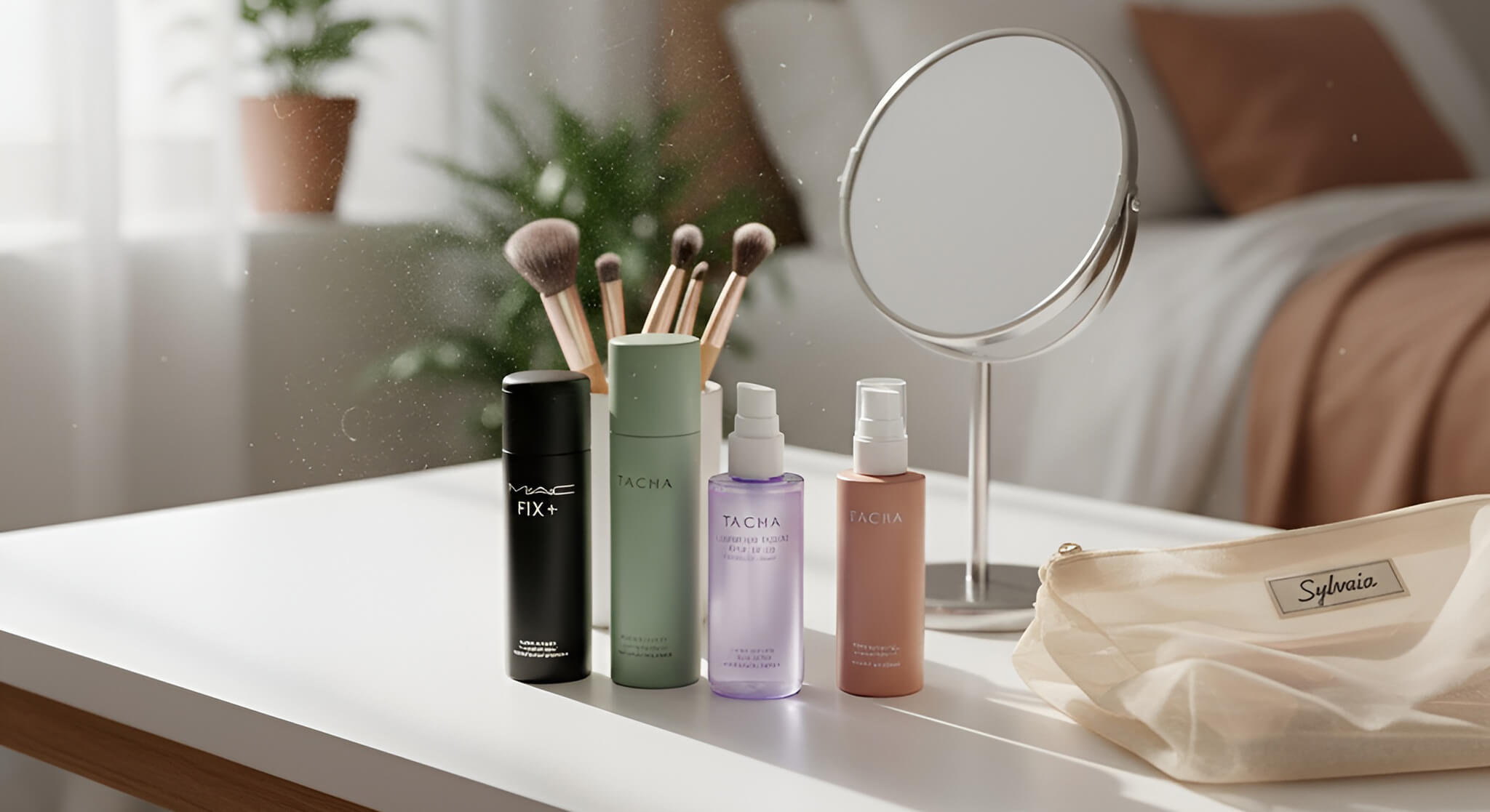 A vanity table displays popular hydrating setting sprays, including MAC Fix+ and Tatcha Luminous Dewy Skin Mist, alongside makeup brushes and a mirror, in a bright, inviting room.